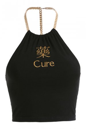 CURE Letter Chinese Embroidered Chain Halter Sleeveless Crop Cami - Beautifulhalo.com