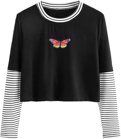 SweatyRocks Women's Color Block Dragon Print Long Sleeve Crop Top T Shirt Black White X-Large at Amazon Women’s Clothing store