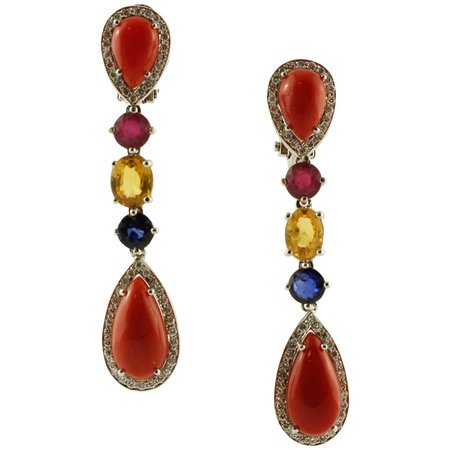 Diamonds,Rubies, Yellow/Blue Sapphires, Red Coral Drops 18K Gold Dangle Earrings For Sale at 1stDibs