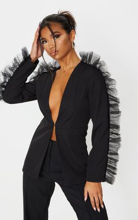 Black Organza Frill Blazer | Coats & Jackets | PrettyLittleThing