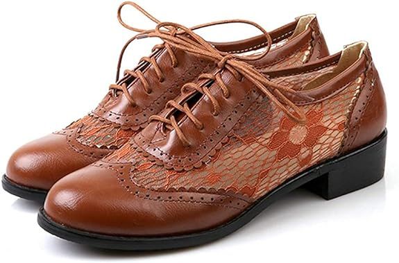 Amazon.com | Womens Lace Up Chunky Low Heels Oxfords Shoes Lady Breathable Chiffons Daily Vintage Dress Oxford | Oxfords
