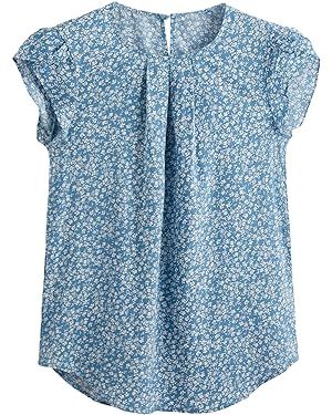 blue Floral Print Petal Cap Sleeve Pleated Vacation Office Work Blouse