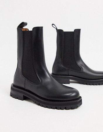 & Other Stories leather tall chunky flat boots in black | ASOS
