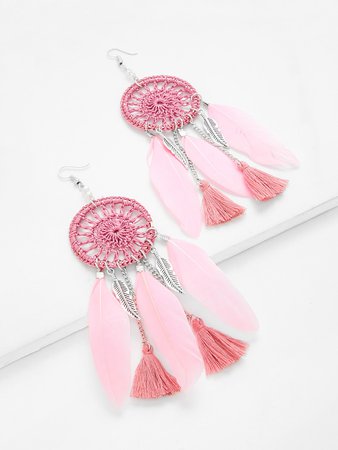 Feather & Tassel Design Drop Earrings