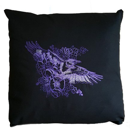 Raven in Purple Garden Embroidered Black Cushion | Gifts &