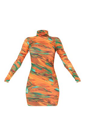 Orange Abstract Print Ribbed Long Sleeve High Neck Bodycon Dress | PrettyLittleThing USA