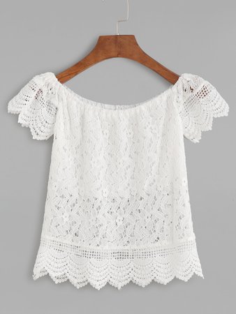 Boat Neck Crochet Lace Scalloped Hollow Out Blouse