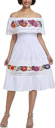 Amazon.com: YZXDORWJ Mexican Dress for Women Embroidered Traditional Boho Theme Fiesta Floral Lace Off-Shoulder Ruffle Party Dress: Clothing, Shoes & Jewelry