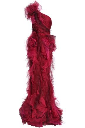 One-shoulder ruffled organza and tulle gown | MARCHESA | Sale up to 70% off | THE OUTNET