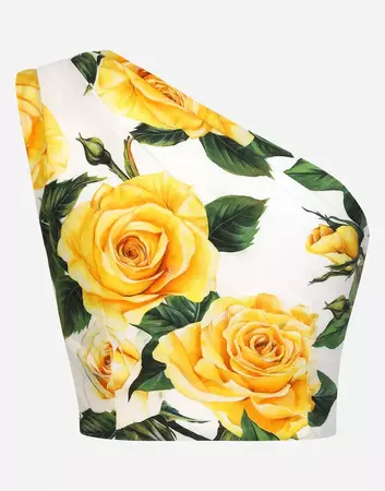 One-shoulder cotton crop top with yellow rose print in Print for | Dolce&Gabbana® US