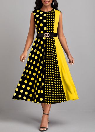 Geometric Print Umbrella Hem Yellow Round Neck Dress | Rosewe.com - USD $36.98