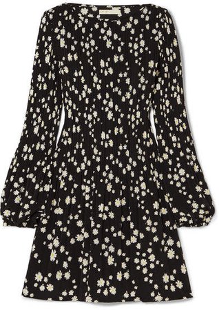 Pleated Floral-print Crepe Mini Dress - Black