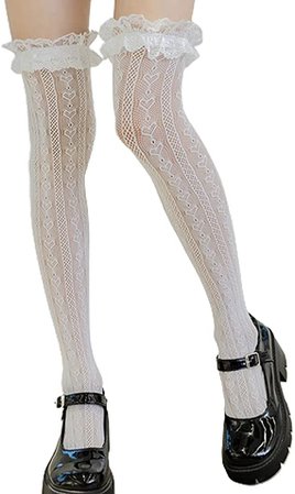 Amazon.com: ujeer Lolita Fishnet Thigh High Socks Heart Striped Lace Patterned Ruffled Over Knee Long Stockings, Medium, 6EE707082-W-1_GWX0929: Clothing, Shoes & Jewelry