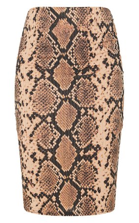 Tan Snake Print Rib Midi Skirt | Skirts | PrettyLittleThing