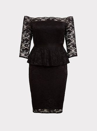 SPECIAL OCCASION BLACK LACE OFF SHOULDER PEPLUM SHIFT DRESS