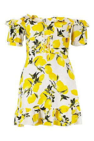 Off The Shoulder Lemon Print Mini Dress | Boohoo