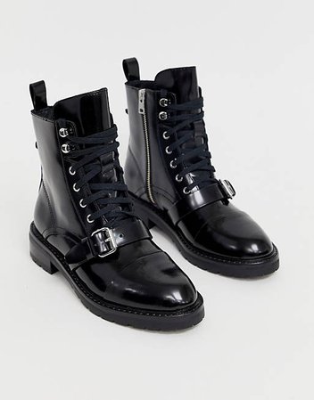 AllSaints Donita leather lace up hiking boot with buckle in black | ASOS