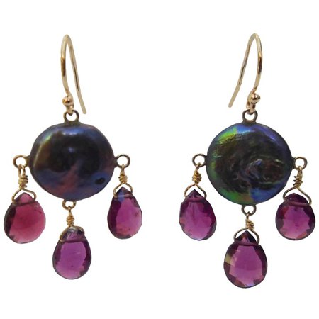 Marina J Black Pearl and Pink Tourmaline Earrings with 14k Yellow Gold Hook For Sale at 1stdibs