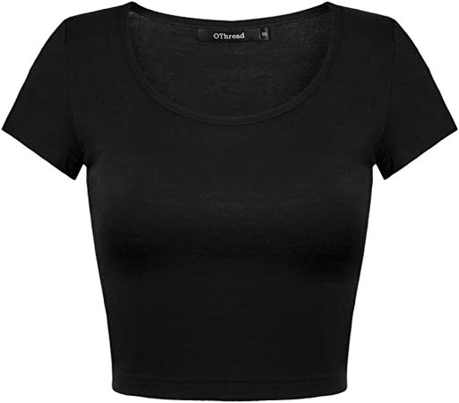 OThread & Co. Women's Basic Crop Tops Stretchy Casual Scoop Neck Cap Sleeve Shirt (Medium, Black) at Amazon Women’s Clothing store