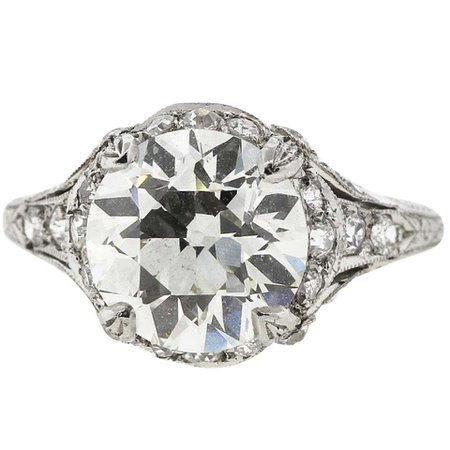Antique Art Deco Platinum Old European Cut Diamond 3.35 Carat Ring For Sale at 1stDibs