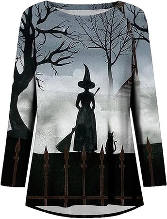 Womens Halloween Blouses Fall Long Sleeve Printed Shirts Crew Neck Flare Tunic Casual Loose Lightweight Oversized Tops at Amazon Women’s Clothing store