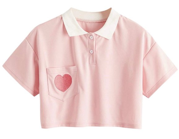Pink and white collared crop top with heart pocket