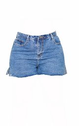 Plus Mid Blue Wash Split Hem Mom Shorts | PrettyLittleThing USA