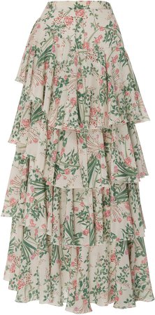 Tiered Floral Silk Maxi Skirt