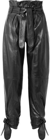Tie-detailed Belted Leather Straight-leg Pants - Black