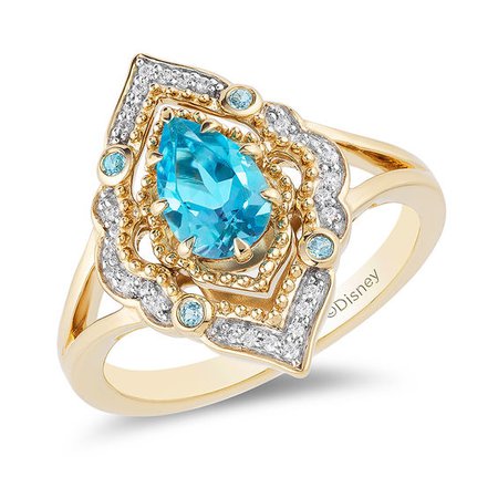 Enchanted Disney Aladdin Pear-Shaped Swiss Blue Topaz and 0.089 CT. T.W. Diamond Arabesque Frame Ring in 10K Gold | View All Enchanted Disney Fine Jewellery | Enchanted Disney Fine Jewellery | Collections | Peoples Jewellers