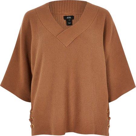 Brown V neck lace-up side knitted jumper | River Island