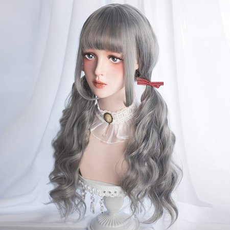 Alice Garden Wigs Long Wavy Wig with Bangs - Grey Wigs For Women Cosplay Costume, Synthetic Hair Lolita Wig with Wig Cap