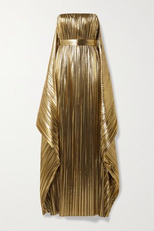 Belted Draped Pleated Lame Gown - Gold