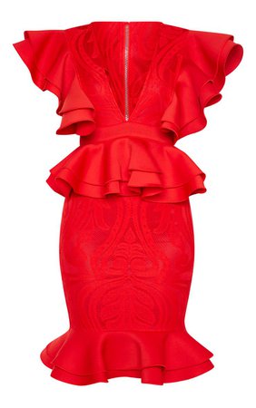 Red Ruffle Detail Plunge Midi Dress | Dresses | PrettyLittleThing
