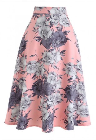 Floral A-Line Flare Midi Skirt in Pink - NEW ARRIVALS - Retro, Indie and Unique Fashion