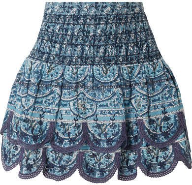Bella Crochet-trimmed Smocked Cotton-voile Mini Skirt - Blue