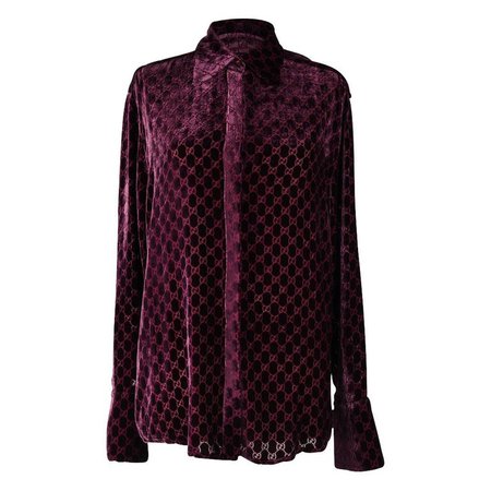 Gucci Top Burgundy GG Monogram Burnout Velvet Blouse 44 / 10 For Sale at 1stdibs