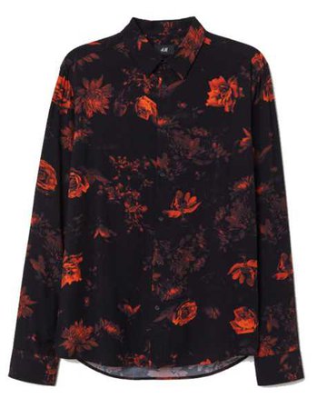 H&M Slim Fit Black Floral Patterned Long Sleeve Shirt