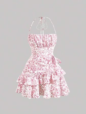 SHEIN MOD Summer Pink Allover Floral Print Ruffle Trim Tie Backless Ruched Bust Halter Dress | SHEIN