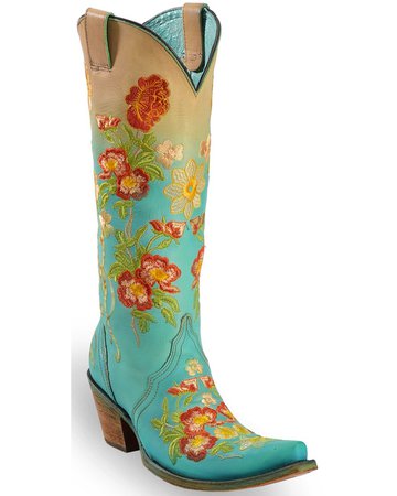 Corral Women's Turquoise Orange Floral Embroidered Boots - Snip Toe | Boot Barn