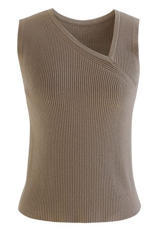 Oblique V-Neck Knit Tank Top in Brown - Retro, Indie and Unique Fashion