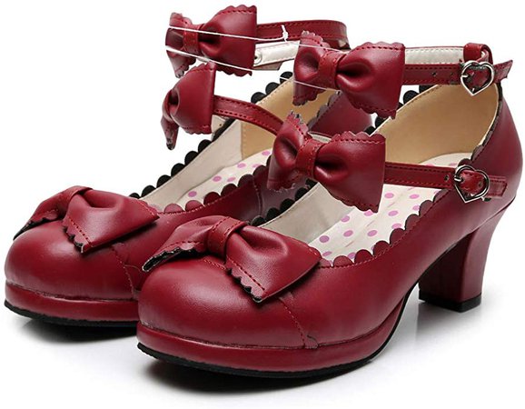 Amazon.com | Women's Double Bowtie Straps High Heel Pumps Sweet Princess Girls Lolita Cosplay Shoes | Pumps