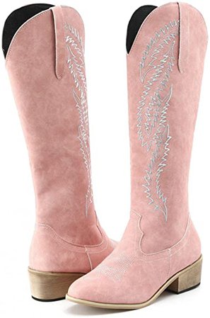 Hbeylia Knee High Western Cowboy Cowgirls Boots For Women Vintage Retro Pointed Toe Chunky Mid Heels Wide Calf Boots With Side Zipper Pink Knight Riding Tall Boots Winter Dress Shoes | Knee-High