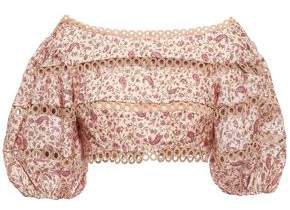 Cropped Crochet-trimmed Floral-print Linen Top