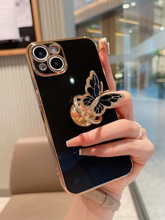 1pc Black Plating 3d Rhinestone Butterfly & Liquid Silicone Stand Phone Case With Elegant Luxury Feeling Compatible With iPhone15/15Plus/15Pro/15Promax | SHEIN USA