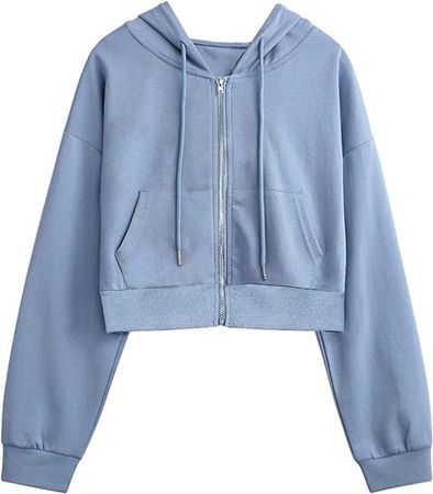 Yimoon Zip Up Hoodie Women Cropped Casual Sweatshirts Workout Long Sleeve Drawstring Hooded Jacket Crop Tops (Blue, Medium) at Amazon Women’s Clothing store