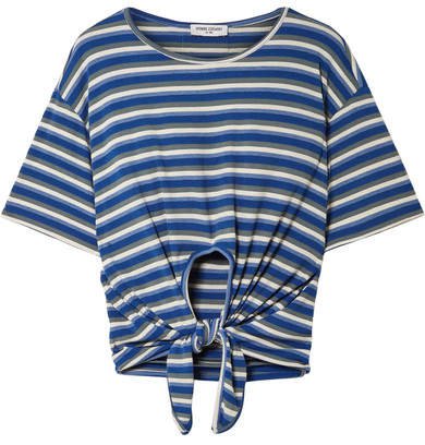Tie-front Striped Ribbed-knit T-shirt - Blue