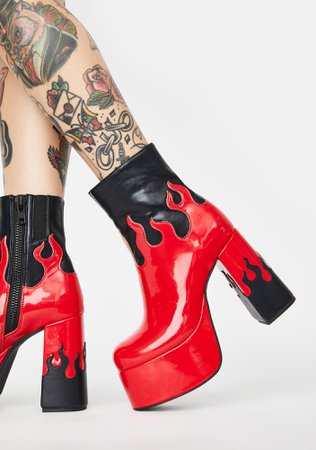 Sugar Thrillz Red Flame Patent Platform Boots Black | Dolls Kill