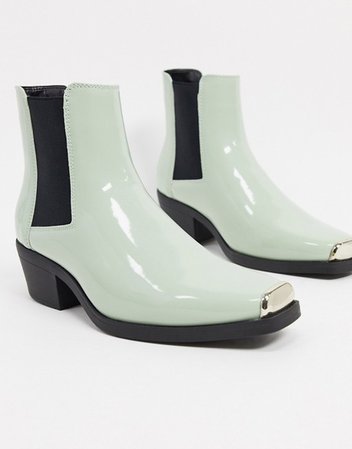 ASOS DESIGN cuban heel western chelsea boot in pastel green patent faux leather with square toe with metal cap | ASOS