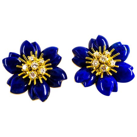 Lapis Lazuli 0.78 Carat White Diamond Yellow Gold Clip-On Flowers Earrings